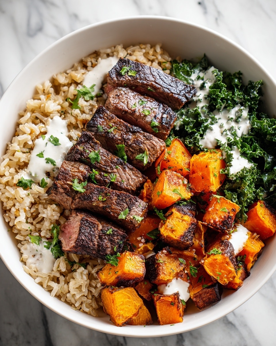 A bowl filled with four main layers is shown on a white marbled surface. The bottom layer is light brown cooked rice that takes up the whole base of the white bowl. On the right side, there is a portion of chopped green leafy vegetables like kale or parsley. Next to it, a layer of creamy white sauce stretches across the bowl. On the left side, there are bright orange roasted pumpkin cubes with browned edges. In the center on top, several pieces of grilled steak with dark grill marks and a juicy pink inside are placed. Chopped green herbs are sprinkled over the whole bowl. Photo taken with an iphone --ar 4:5 --v 7