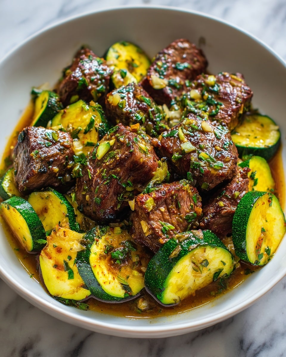 The image shows a white plate filled with several thick, juicy pieces of browned steak, each piece glistening with a light herb and garlic sauce and sprinkled with chopped green herbs. Interspersed evenly among the meat are round slices of sautéed zucchini, golden yellow inside with a tender, slightly charred green skin. The steak pieces have a rough, caramelized texture while the zucchini slices look soft and moist. The whole dish is coated with a shiny, flavorful sauce that pools lightly at the bottom of the plate. The background is a white marbled texture. photo taken with an iphone --ar 4:5 --v 7