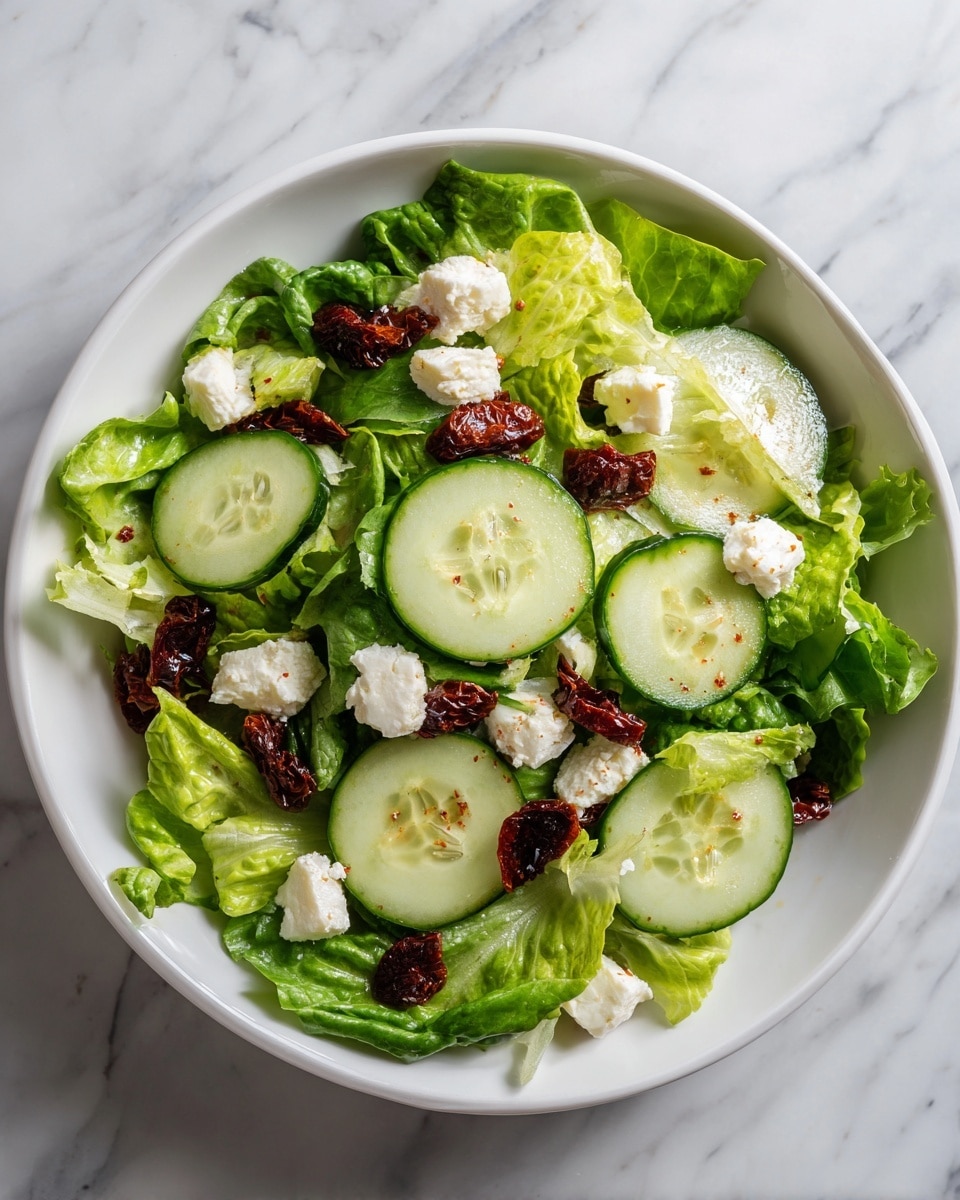 A white bowl contains a fresh green salad with several layers; the base layer is made of leafy greens with a mix of light and dark green shades and a slightly crinkled texture, on top of this are thick green cucumber slices with a glossy, moist surface, scattered around are bright red sun-dried tomatoes with a wrinkled texture, and generous chunks of soft white cheese with a crumbly texture are spread evenly throughout. The bowl rests on a white marbled surface. Photo taken with an iphone --ar 4:5 --v 7