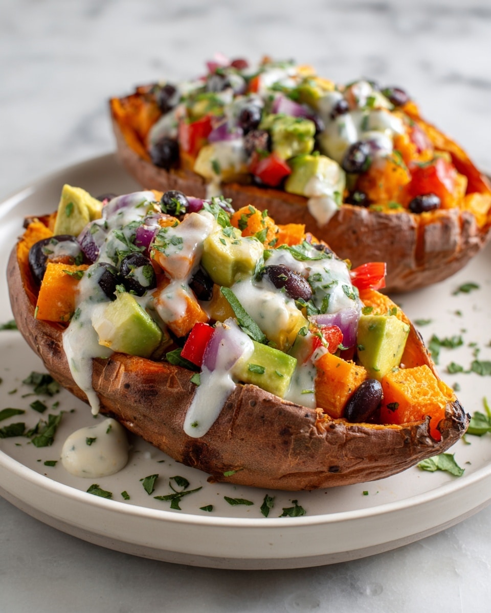 Two roasted sweet potato halves with brownish, slightly crispy skin are placed on a white plate over a white marbled texture. Each half has a bright orange, soft inner layer that is filled with a colorful mix of diced vegetables including green avocado chunks, red and yellow bell peppers, black beans, and small bits of purple onion. A creamy white sauce with green herbs is drizzled on top of the vegetable mix, and fresh green herbs are sprinkled over the dish and plate. photo taken with an iphone --ar 4:5 --v 7