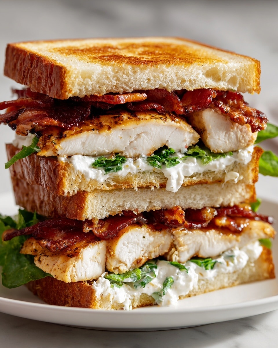 A sandwich made with two slices of toasted white bread, showing a thick grilled chicken breast layered at the center. Below the chicken, there is crispy bacon with strips of green lettuce and slices of red tomato, all topped with a layer of creamy white sauce. The sandwich is held by a woman's hand, and the background has a white marbled texture. Photo taken with an iphone --ar 4:5 --v 7