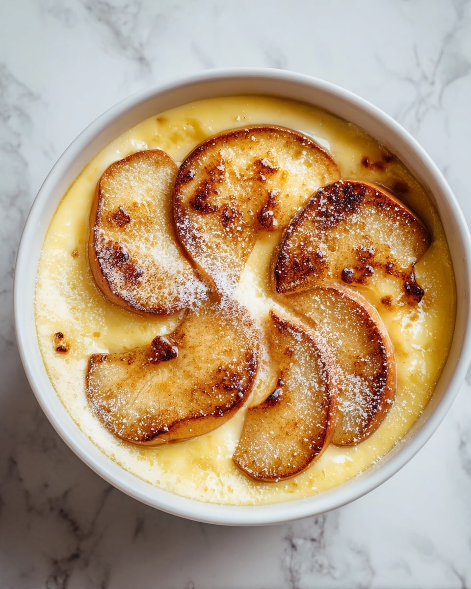 A white bowl filled with a creamy, light yellow pudding topped with five soft, caramelized banana slices arranged in a circular pattern. The bananas have a golden brown, slightly crispy surface with a dusting of white powdered sugar on top. The pudding looks smooth and thick with a glossy texture. The background is a white marbled surface. Photo taken with an iphone --ar 4:5 --v 7