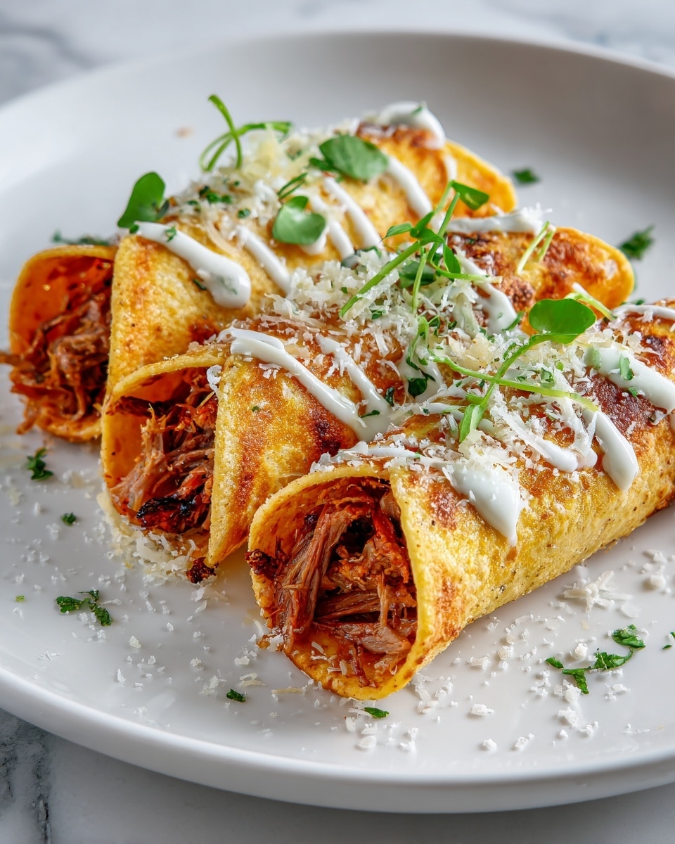 The image shows three golden brown rolled tacos placed side by side on a long white plate. Each taco has a crunchy, slightly blistered texture with visible crispy spots. On top of each taco, there is a layer of shredded white cheese and small pieces of fresh green herbs, likely cilantro, sprinkled for color contrast. The tacos are garnished with a few thin white sauce drizzles that add a creamy look. The plate sits on a white marbled surface. Photo taken with an iphone --ar 4:5 --v 7