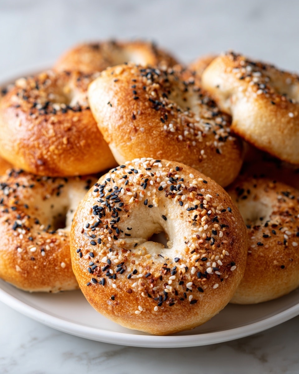 The image shows a close-up of several golden brown bagels stacked on a white plate. Each bagel has a shiny, slightly crisp outer layer with seeds scattered on top, including sesame and poppy seeds. The bagels have a soft, fluffy texture inside visible through small cracks on their surface. The background is a white marbled texture, giving a clean and bright look. The lighting highlights the shiny glaze and the mix of seed textures on the bagels. Photo taken with an iphone --ar 4:5 --v 7