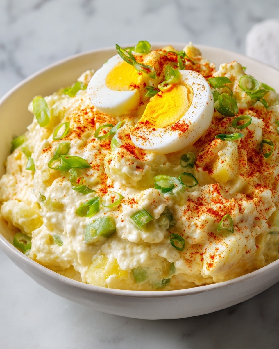 The image shows a close-up of a creamy yellow egg salad served in a white bowl. The salad has soft chunks of boiled egg mixed with a thick, smooth dressing. Bright green chopped scallions are sprinkled evenly across the salad, adding pops of fresh color. The surface of the salad is dusted with a light layer of red paprika, giving it a vibrant, warm hue. A quarter of a boiled egg with a firm white and bright yellow yolk is placed on top, standing out against the creamy texture below. The background is a white marbled texture. photo taken with an iphone --ar 4:5 --v 7