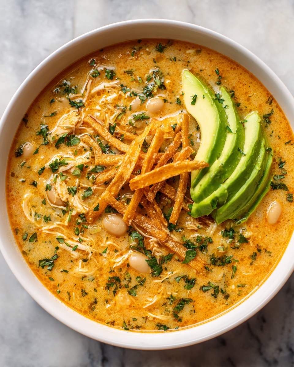 The image shows a white bowl filled with a creamy soup that has a light orange color. The soup has thick pieces of white beans and shredded chicken mixed inside. On top, there are green chopped herbs scattered around, along with thin, crispy, golden-yellow tortilla strips piled in the center. To one side, there are sliced avocado pieces with a soft green color. The bowl sits on a white marbled surface. Photo taken with an iphone --ar 4:5 --v 7