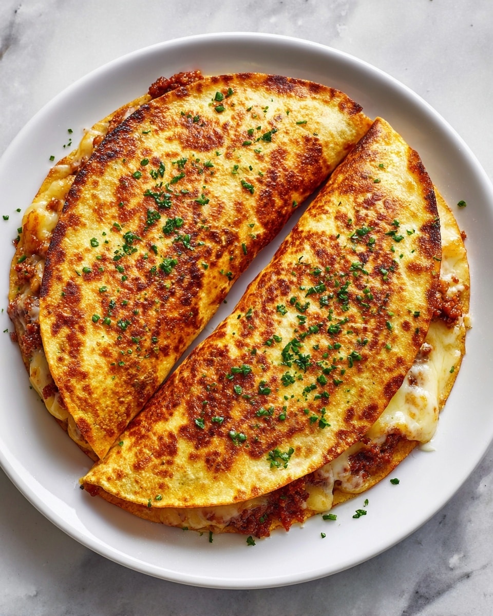 Two folded quesadillas are on a simple white plate set on a white marbled surface. Each quesadilla has a crispy, golden-brown outer layer with small browned spots showing a crunchy texture. Inside, there is a thick layer of melted cheese mixed with browned ground meat visible at the edge, creating a rich orange and brown filling. Small green herbs are sprinkled lightly on top, adding a fresh touch of color. The quesadillas are stacked slightly, with one resting on the other, showing their soft fold and crispy edges. The lighting highlights the warm, appetizing tones of the food. photo taken with an iphone --ar 4:5 --v 7