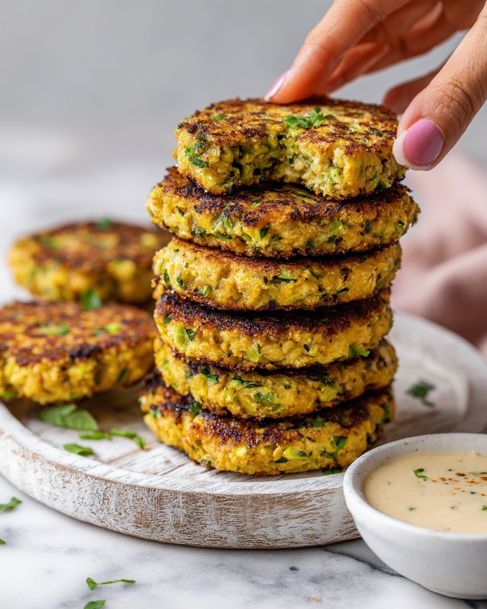 The image shows a stack of six golden-brown patties with visible green herbs and red bits, suggesting fresh ingredients mixed inside. The patties have a slightly crispy, uneven surface texture and are stacked in a small pile on a smooth, round white plate. Beside the patties, there is a small bowl of creamy white sauce with green herbs sprinkled inside, placed on a white marbled surface. The overall look is warm and appetizing with natural lighting. Photo taken with an iphone --ar 4:5 --v 7