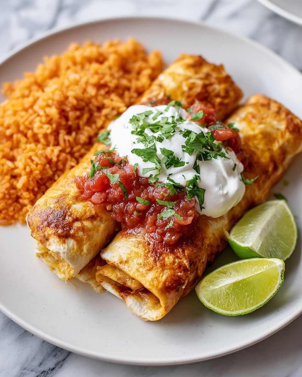 The image shows a white plate with two golden-brown burritos placed side by side. Each burrito is topped with a dollop of white sour cream, a spoonful of red salsa, shredded yellow cheese, and a sprinkle of green chopped cilantro. On the plate, behind the burritos, there is a serving of orange-colored rice with a fluffy texture. In front of the burritos, there are two small lime wedges. The plate sits on a white marbled surface. photo taken with an iphone --ar 4:5 --v 7