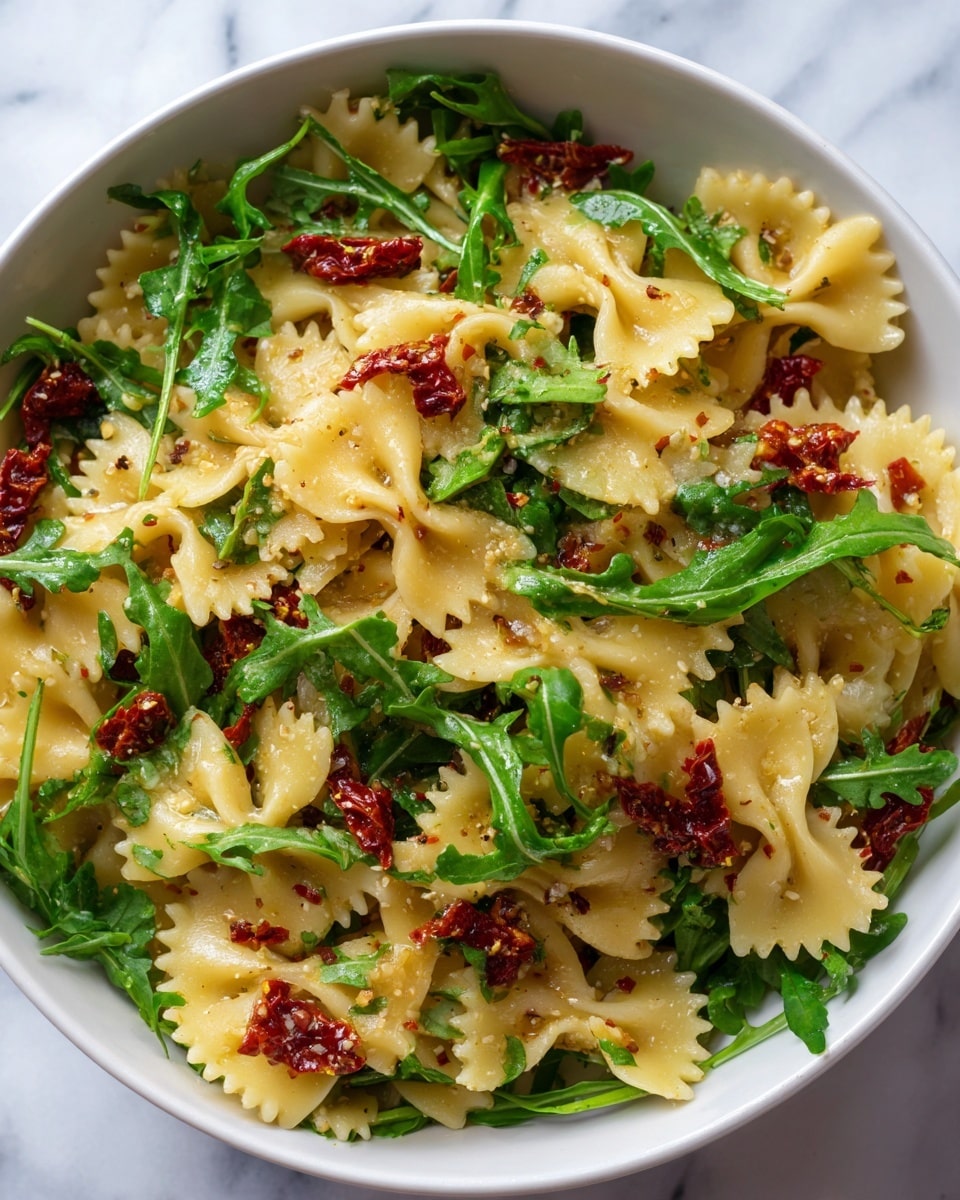The image shows a close-up of a white bowl filled with farfalle pasta that is light yellow in color and cooked to a soft texture. On top of the pasta, there are bright green arugula leaves scattered evenly, adding a fresh touch. Small pieces of red sun-dried tomatoes are mixed throughout, providing spots of deep red color. The pasta is lightly coated with olive oil, giving it a slight shine. The bowl sits on a white marbled surface, highlighting the colors of the dish. Photo taken with an iphone --ar 4:5 --v 7