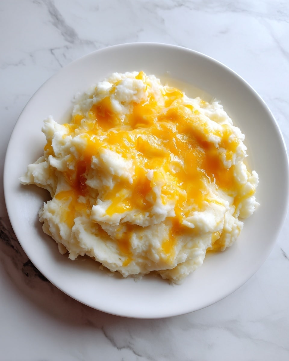 A white plate holds a small pile of creamy mashed potatoes topped with melted yellow cheddar cheese that looks smooth and slightly gooey. The potatoes are off-white with a soft, lumpy texture, and the bright yellow cheese covers the top unevenly, adding a glossy finish. The plate sits on a white marbled surface. Photo taken with an iphone --ar 4:5 --v 7
