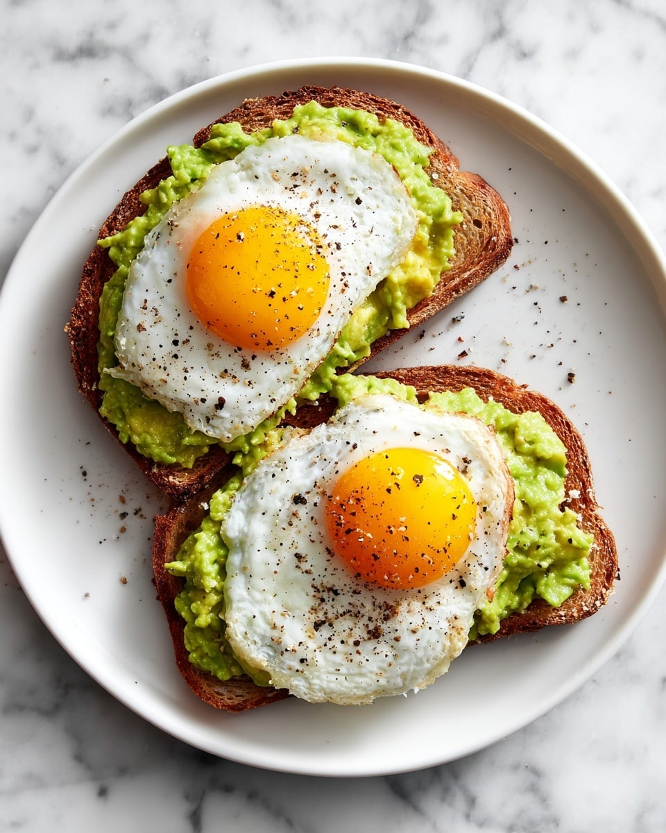 Two pieces of toasted brown bread are placed side by side on a white plate, each topped with a thick, bright green layer of mashed avocado spread evenly across the bread. On top of each avocado layer is a sunny-side-up egg with a shiny, vibrant yellow yolk in the center and whites cooked to a soft texture around the yolk. The eggs are sprinkled lightly with black pepper, adding small dark specks on the surface. The plate rests on a white marbled surface. Photo taken with an iphone --ar 4:5 --v 7