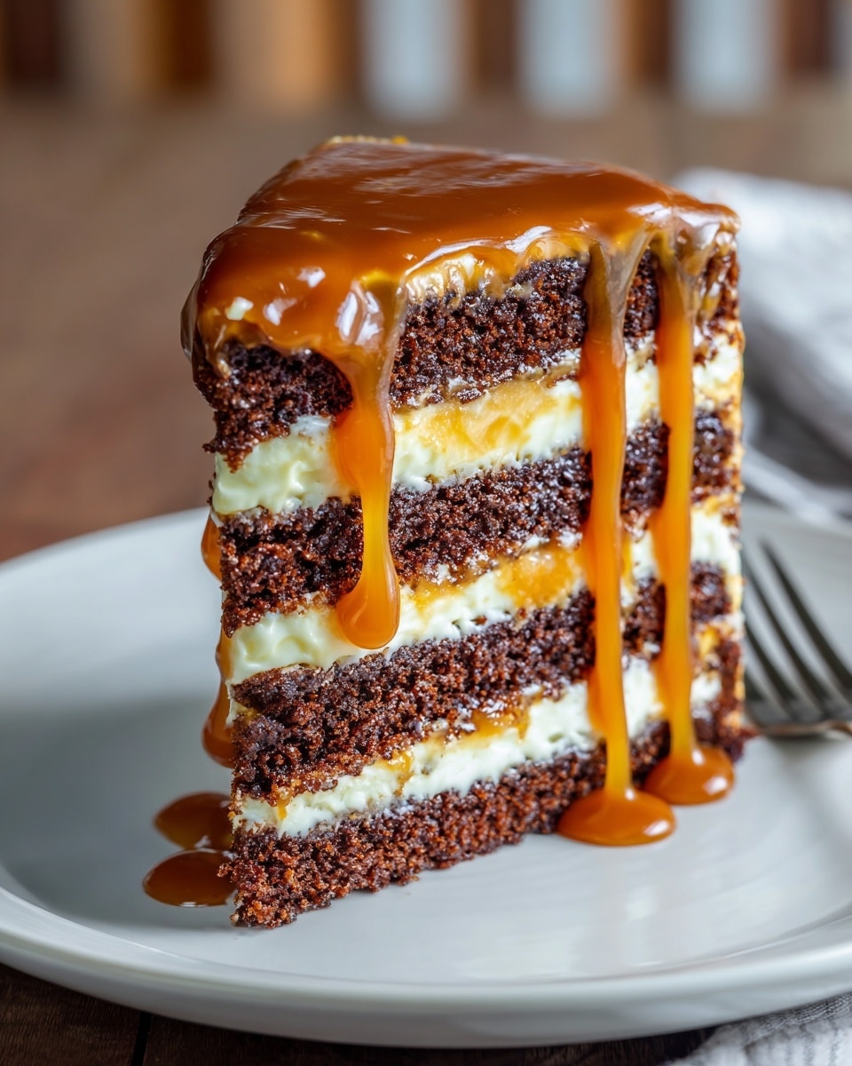 A tall slice of cake with five layers is on a white plate, placed on a white marbled surface. The cake layers are dark brown and look moist. Between each layer, there is a thick spread of smooth, light caramel-colored cream. The top and sides of the cake are covered with a shiny, rich caramel sauce that drips down the sides in thick streams. The background shows soft wood tones and part of a fork on the right side. Photo taken with an iphone --ar 4:5 --v 7