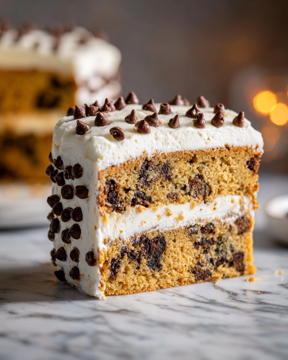 A thick slice of chocolate chip cookie dough bar is shown with three visible layers: a bottom golden-brown crust, a middle layer filled with many dark brown chocolate chunks and chips mixed within a soft dough, and a top layer of smooth white frosting spread evenly with small dark chocolate chips scattered on top. The slice is standing upright on a light wooden surface with soft natural light coming from the side, giving the textures a warm and inviting look. The background is a white marbled texture. Photo taken with an iphone --ar 4:5 --v 7