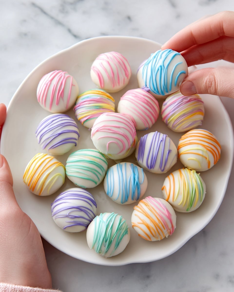 A white plate filled with small round cookies, each covered in smooth white icing and decorated with thin, colorful stripes in purple, pink, blue, yellow, and green, evenly drizzled over the top. A woman's hand is gently holding one cookie near the edge of the plate. The background shows a white marbled texture, creating a clean and bright setting. Photo taken with an iphone --ar 4:5 --v 7
