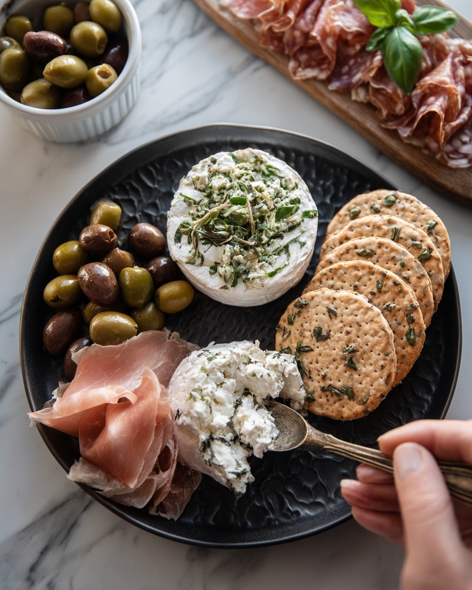 A black plate holds four food sections arranged separately: a small pile of green and brown olives on the top left, a white creamy cheese with green herbs on top on the top right, three round crackers stacked on the bottom right, and thin slices of pinkish prosciutto on the bottom left with a portion of cheese being scooped by a woman's hand holding a spoon. The plate sits on a white marbled surface, and in the background, there is a white bowl with more olives and a wooden board with sliced cured meat and a green basil leaf. Photo taken with an iphone --ar 4:5 --v 7