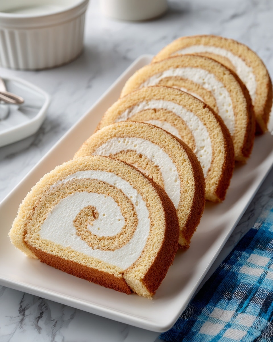 The image shows five slices of a rolled cake neatly arranged on a long, white plate placed on a white marbled surface. Each slice has a light brown outer layer with a soft, spongy texture and a white, creamy filling spiraled evenly inside, creating a clear swirl pattern. The background includes a small white bowl of powdered sugar and a white cloth with a blue checkered pattern, slightly blurred to keep focus on the cake slices. Photo taken with an iphone --ar 4:5 --v 7