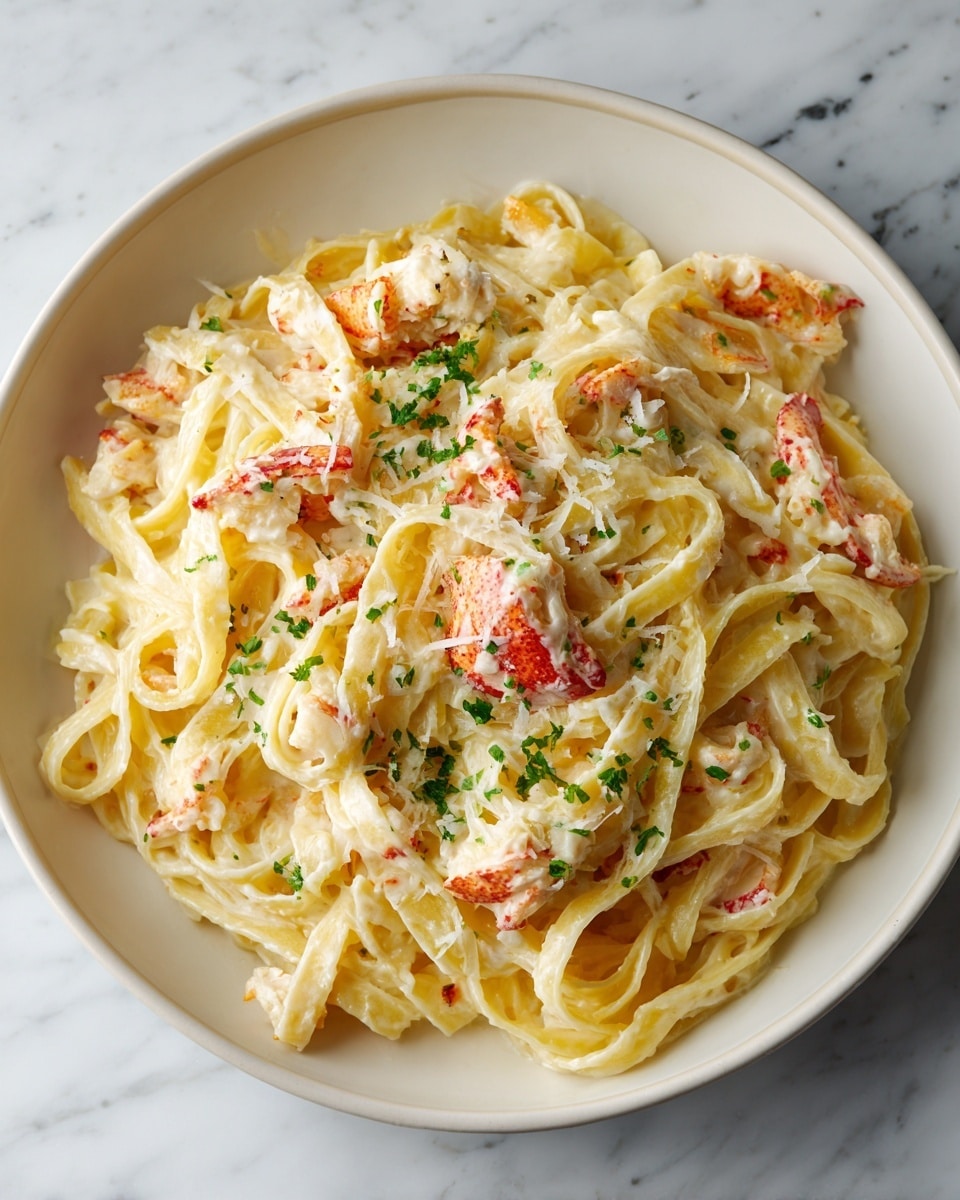 A close-up view of creamy fettuccine pasta in a black pan, featuring three main layers: the base layer is white, creamy sauce coating the noodles, the middle layer shows light yellow fettuccine pasta strands twisted and mixed evenly, and the top layer is bright red lobster meat pieces scattered on top with a sprinkling of finely chopped green herbs and grated white cheese adding texture. The background surface is a white marbled texture. Photo taken with an iphone --ar 4:5 --v 7