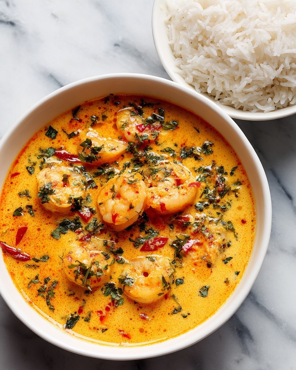 A white bowl filled with rich, orange curry containing visible pieces of shrimp and small green herbs on top, creating a slight contrast with the sauce's creamy texture. The curry surface is smooth with a few small bubbles, garnished with finely chopped parsley or cilantro. Next to the bowl, on a white marbled surface, is a small white bowl filled with plain white rice. A woman's hand is partially visible holding the handle of the curry bowl. photo taken with an iphone --ar 4:5 --v 7