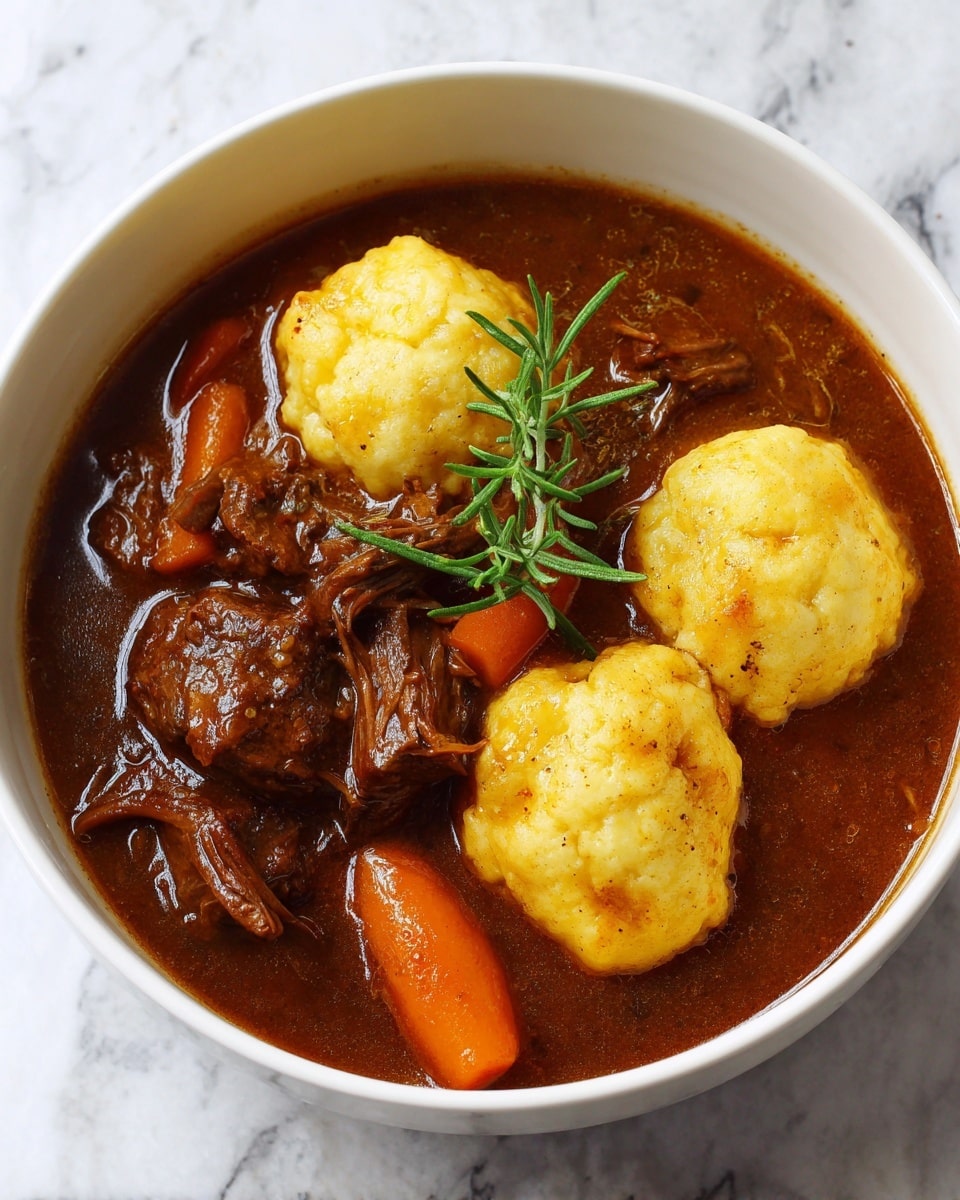 A white bowl holds a rich brown stew filled with chunky pieces of tender beef and bright orange carrot slices, all covered in a glossy sauce. On top, there are three light golden dumplings with a soft, slightly puffed texture, each garnished with small green herbs and a single sprig of fresh dill placed on the center dumpling. The background is a white marbled surface, giving a clean and bright look. photo taken with an iphone --ar 4:5 --v 7