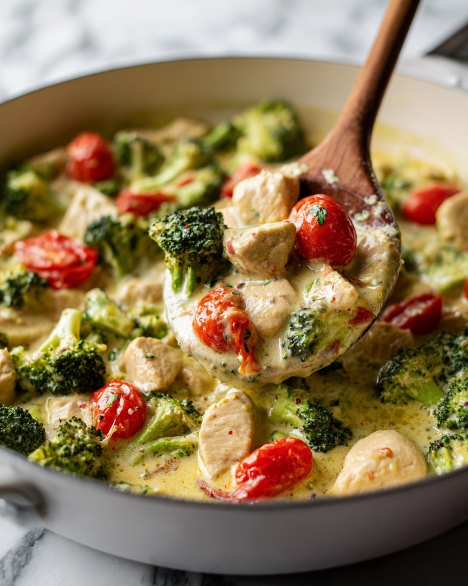 The dish in the image is a creamy vegetable casserole in a white pan, showing several layers of colorful vegetables including bright green broccoli florets, light brown small potatoes, and red cherry tomatoes. The vegetables are coated in a rich, thick, creamy white sauce that covers everything evenly. A wooden spoon is scooping into the mix, with a woman's hand holding the spoon from the side of the pan. The texture of the sauce looks smooth and velvety, while the vegetables appear tender and fresh. The pan is placed on a white marbled surface with soft natural light highlighting the vibrant colors of the dish. Photo taken with an iphone --ar 4:5 --v 7