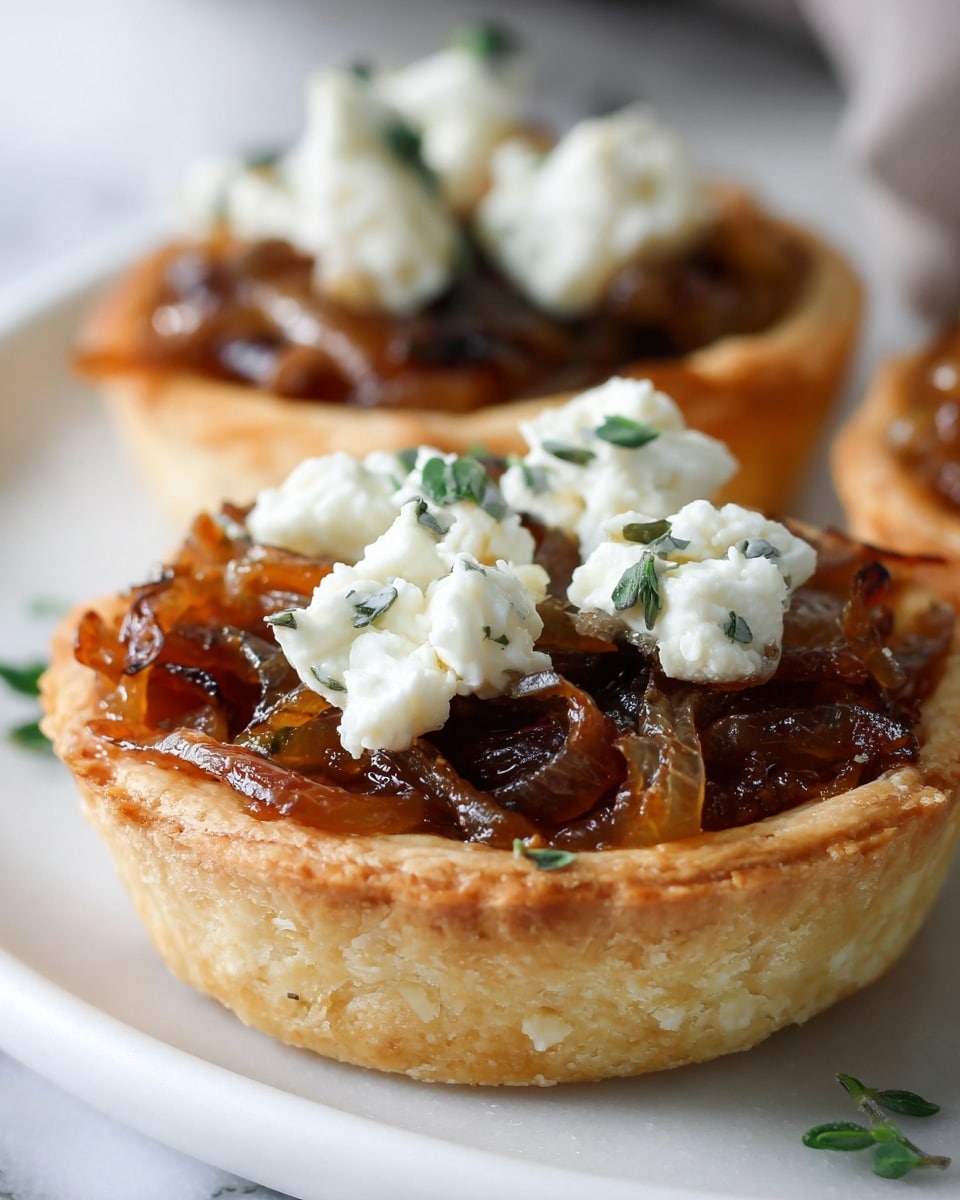 A close-up of a small tart with three visible layers: the bottom layer is a light golden, flaky pastry crust; the middle layer is filled with caramelized onions having a rich brown color and slightly glossy texture; the top layer consists of small dollops of white cheese mixed with bits of green herbs scattered unevenly, with a small green rosemary sprig placed on top. The tart is placed on a white plate, all on a white marbled surface. photo taken with an iphone --ar 4:5 --v 7