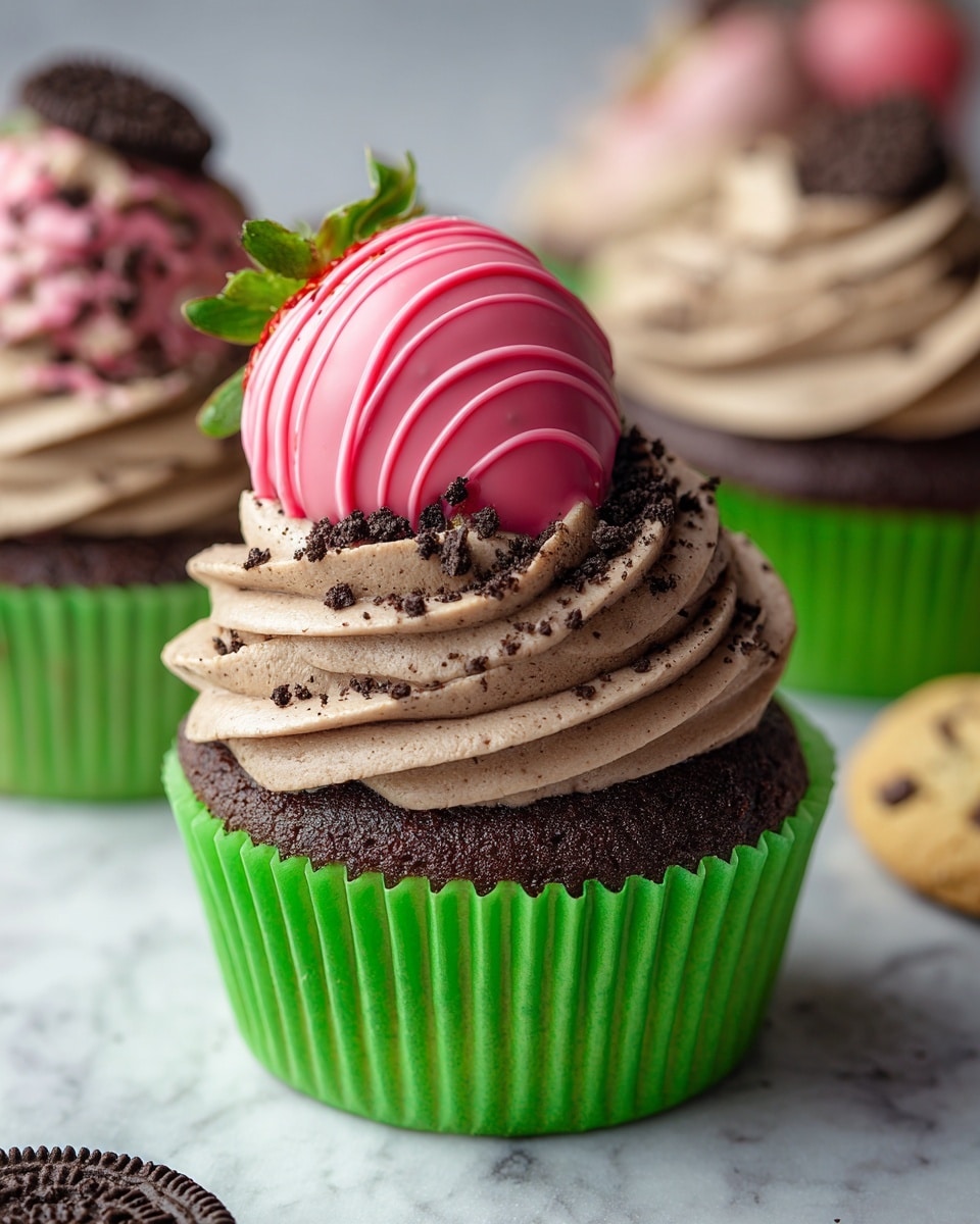 A chocolate cupcake in a bright green paper liner sits on a white marbled surface, topped with a thick swirl of light brown chocolate frosting sprinkled with dark cookie crumbs. On top of the frosting is a large fresh strawberry half dipped in smooth, light orange chocolate with thin lines of the same chocolate drizzled across it. In the background, there are more similar cupcakes and a chocolate sandwich cookie visible, all arranged on the same white marbled texture. Photo taken with an iphone --ar 4:5 --v 7