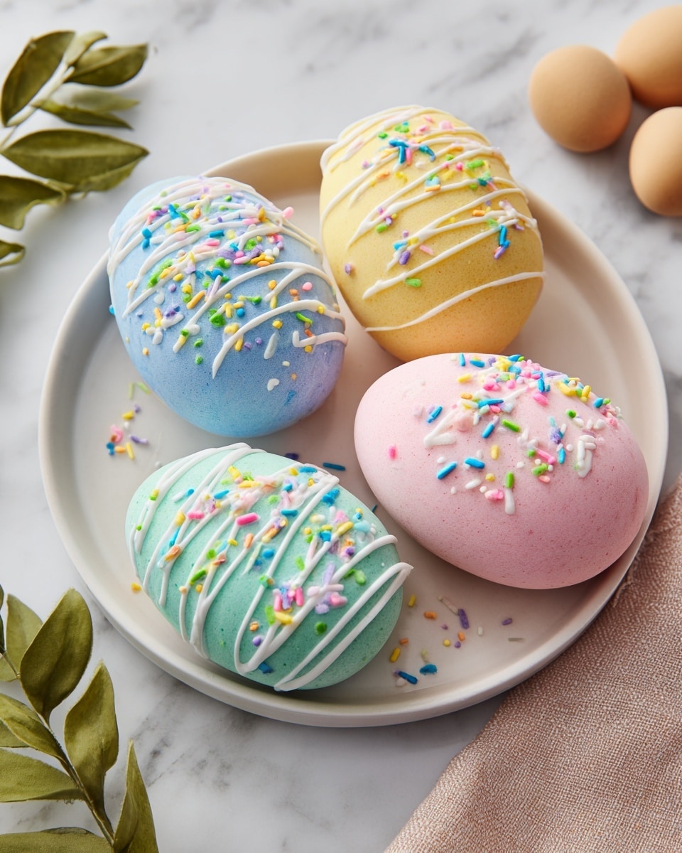 Four colorful oval-shaped treats sit closely on a white plate with a smooth surface. Two treats are pink with a soft, smooth texture, one is bright yellow with a slightly matte finish, and the last is a vibrant blue with a smooth touch. Each treat is decorated with white icing drizzled in curvy lines across the top and covered with small, round, and stick-shaped sprinkles in pastel colors like blue, pink, yellow, and green. The background is a white marbled texture, with some beige round objects and green leaves blurred softly behind the plate. Photo taken with an iphone --ar 4:5 --v 7