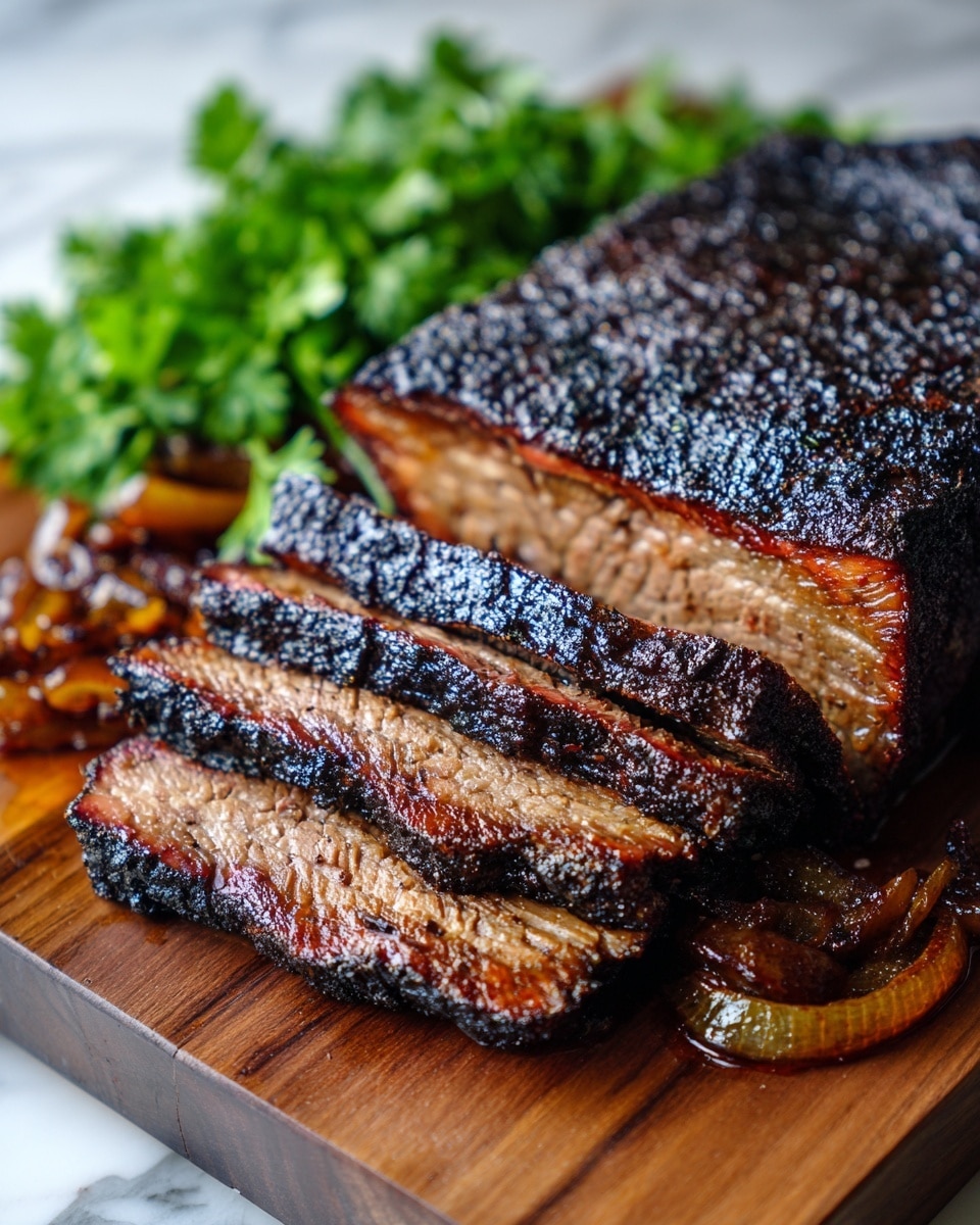 A large piece of roasted meat with a dark, crispy crust sits on a wooden board, partially sliced into thick, juicy pieces showing tender, fibrous texture inside. Surrounding the meat are caramelized onions, soft and glossy, with a rich golden-brown color. In the background, some fresh green herbs add a pop of color. The meat’s surface is rough with a charred look, contrasting with the moist and well-cooked interior photo taken with an iphone --ar 4:5 --v 7