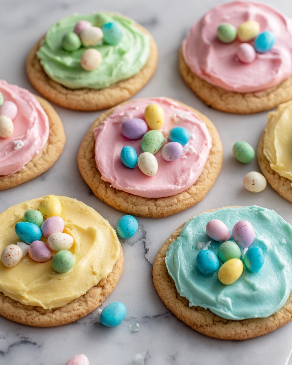 Seven round cookies lie on a white marbled surface, each with one layer of smooth, brightly colored frosting in pastel shades: yellow, green, pink, and blue. Each cookie's frosting is topped with broken pieces of chocolate candy shells in matching pastel colors including pink, yellow, green, and blue, with visible chocolate centers. The cookies have a golden-brown base with a slightly rough texture, and the frosting sits thickly and evenly on top of each cookie, creating a colorful and playful look. Photo taken with an iphone --ar 4:5 --v 7