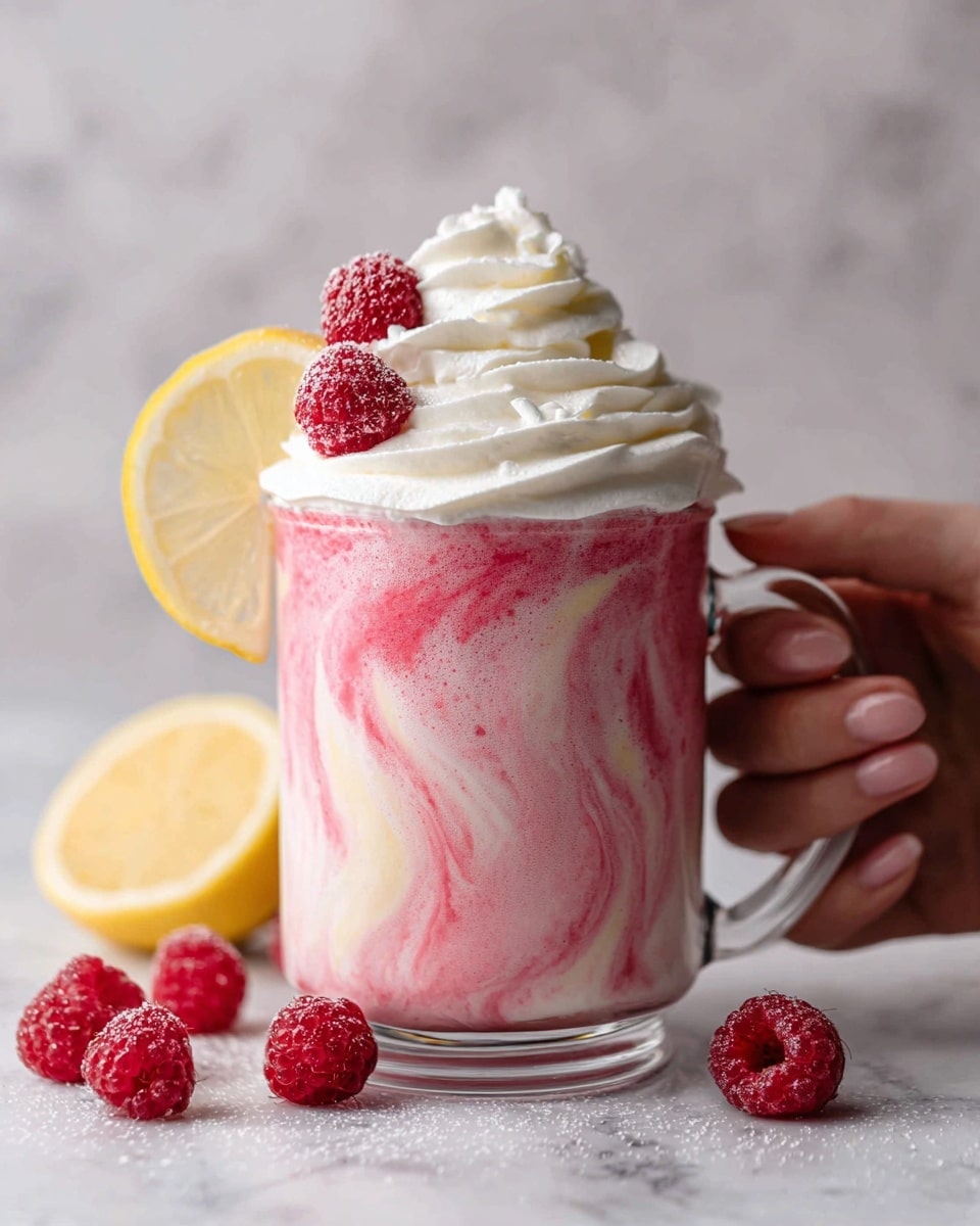 A clear glass mug with a pink and white swirled creamy drink fills most of the frame. On top, there is a thick layer of white whipped cream crowned with three fresh red raspberries and two thin yellow lemon slices behind them. Some red raspberries and a couple of white cotton flowers lie casually around the mug on a white marbled surface. A woman's hand is holding the mug from the right side. Photo taken with an iphone --ar 4:5 --v 7