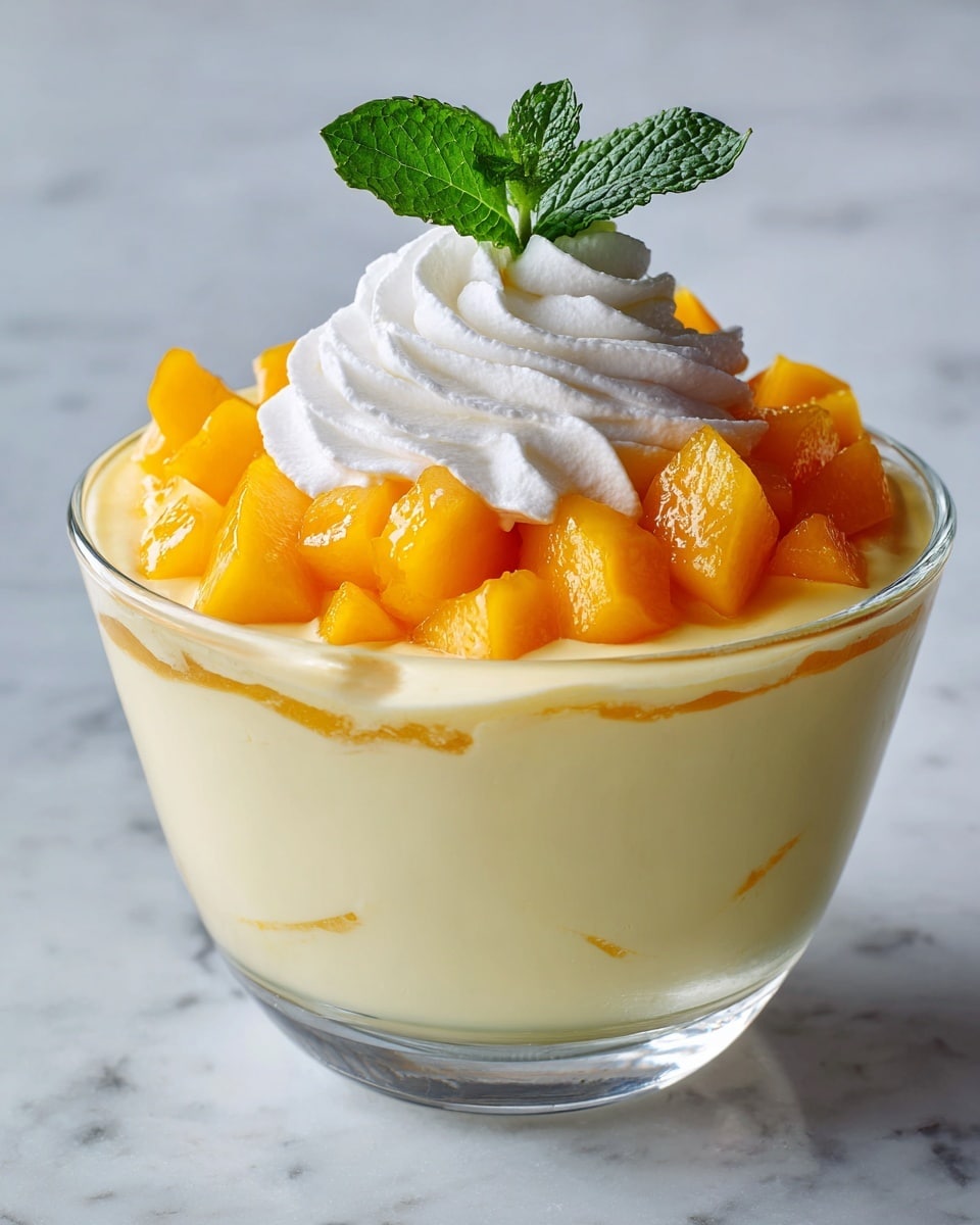A clear glass bowl filled with a smooth, creamy pale yellow custard. On top, there are small bright yellow mango chunks neatly arranged, and a swirl of soft white whipped cream sits in the center. A fresh green mint leaf rests on the whipped cream. The bowl is on a white marbled surface. Photo taken with an iphone --ar 4:5 --v 7