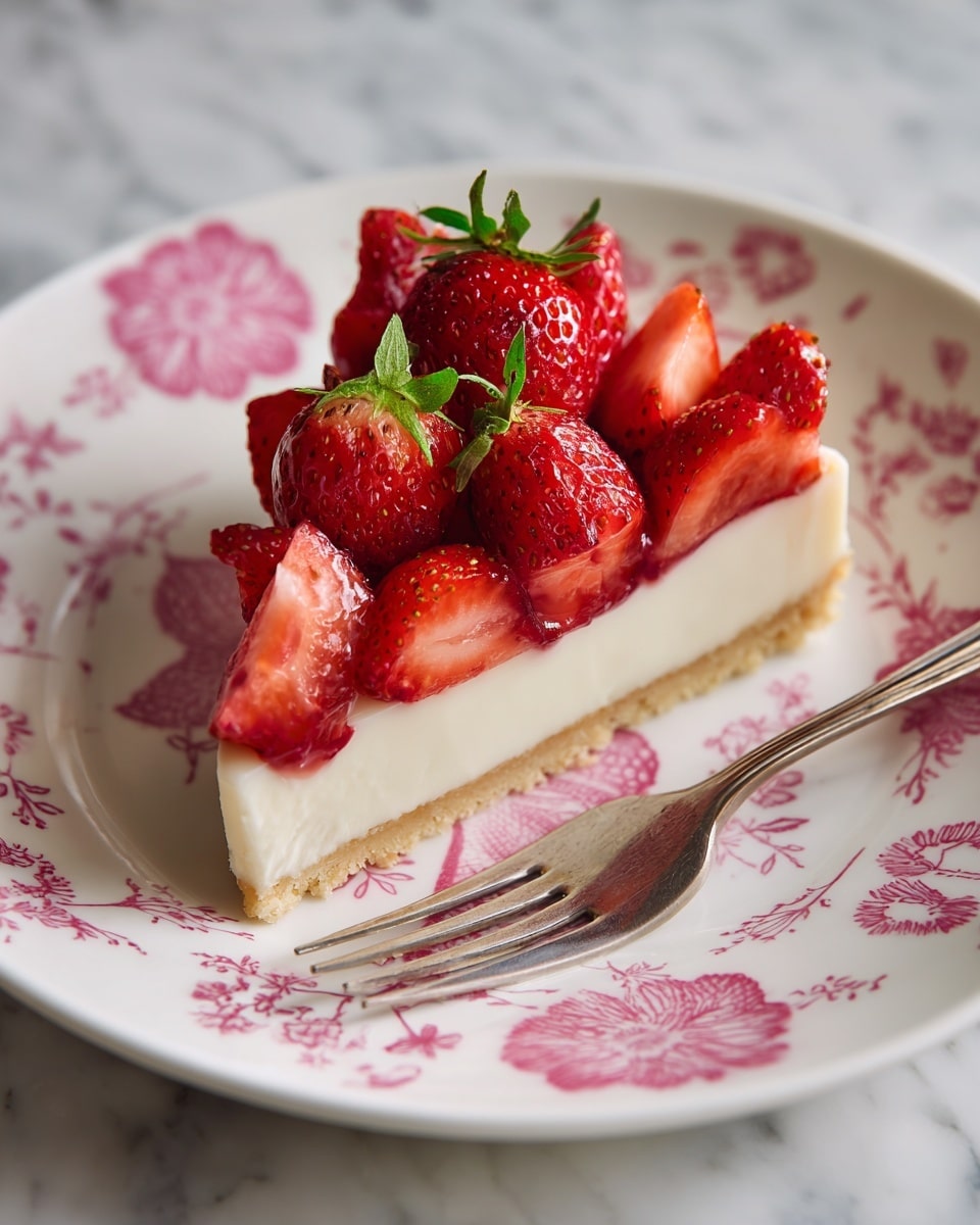A white plate with a floral border holds a single slice of strawberry cheesecake. The cheesecake has three layers: a light brown crumbly crust at the bottom, a thick creamy white middle layer, and a topping of whole fresh strawberries, some cut in half, arranged closely on top. A silver fork is placed beside the slice, resting on the plate. The scene is set on a white marbled surface. Photo taken with an iphone --ar 4:5 --v 7