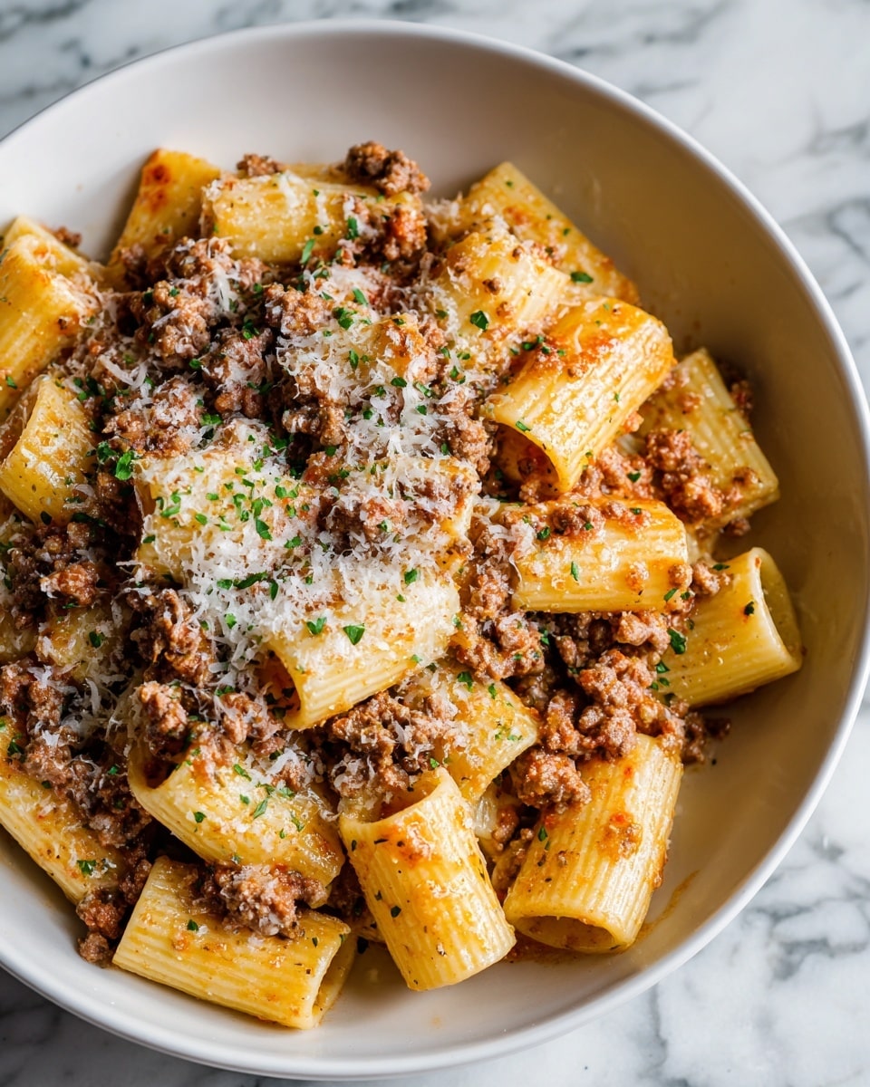 A close-up view of a creamy pasta dish with penne noodles mixed with cooked ground meat, all coated in a light sauce. The pasta and meat layers are topped with finely chopped fresh green herbs and grated cheese, giving a mix of soft beige, brown, and green colors. The food is in a shallow white pan, sitting on a white marbled surface, showing the textures of the pasta and meat clearly. photo taken with an iphone --ar 4:5 --v 7