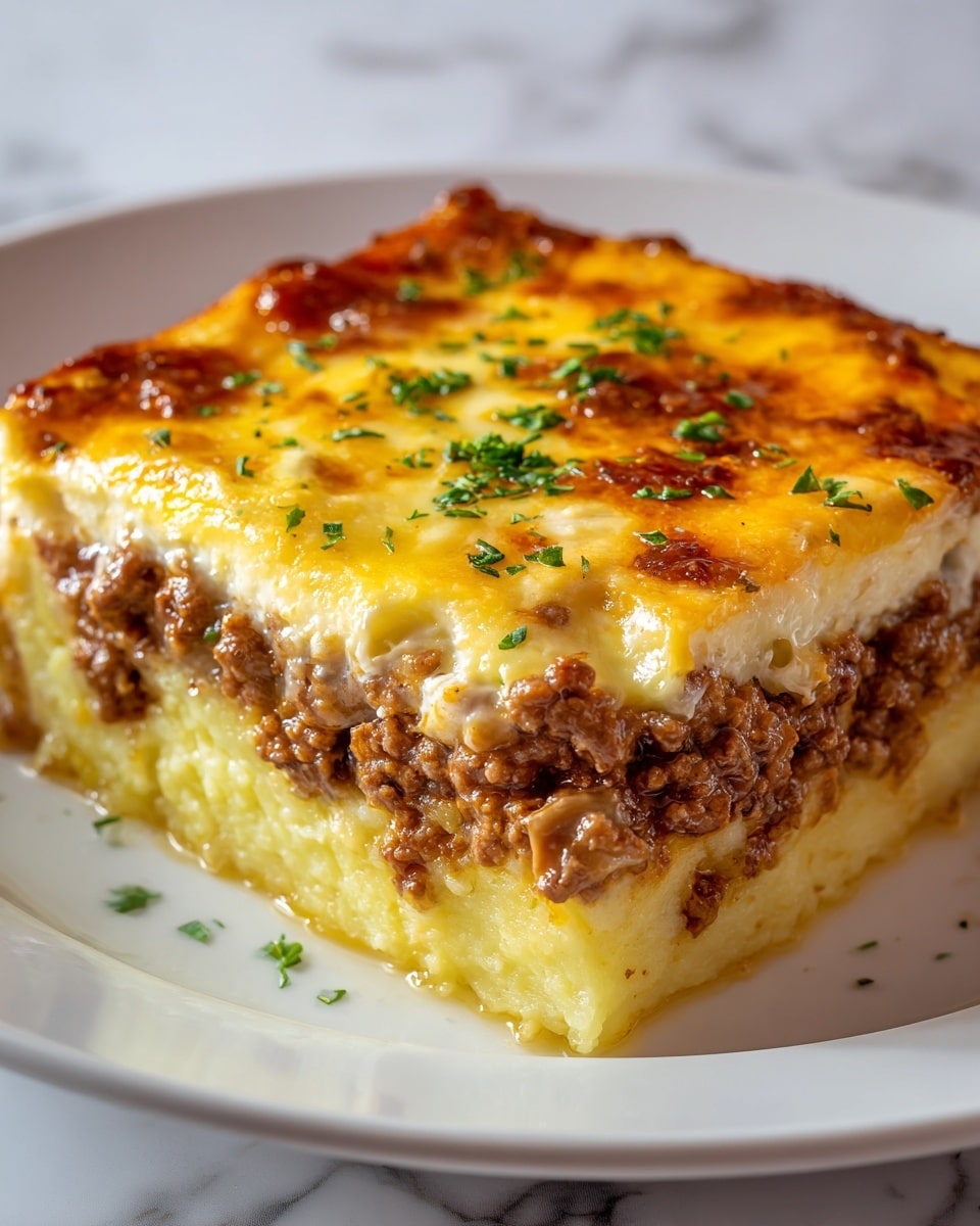 The image shows a close-up of a thick slice of layered casserole on a white plate with a brown rim, placed on a white marbled surface. The dish has about four visible layers: the bottom layer is yellow and soft, likely scrambled eggs or mashed potatoes; above it is a chunky layer of browned ground beef mixed with some sauce; on top of the beef is a layer of melted orange and white cheese, slightly bubbly and browned at the edges; the very top is garnished with small green herbs scattered evenly. A woman's hand is holding the plate from the side. Photo taken with an iphone --ar 4:5 --v 7