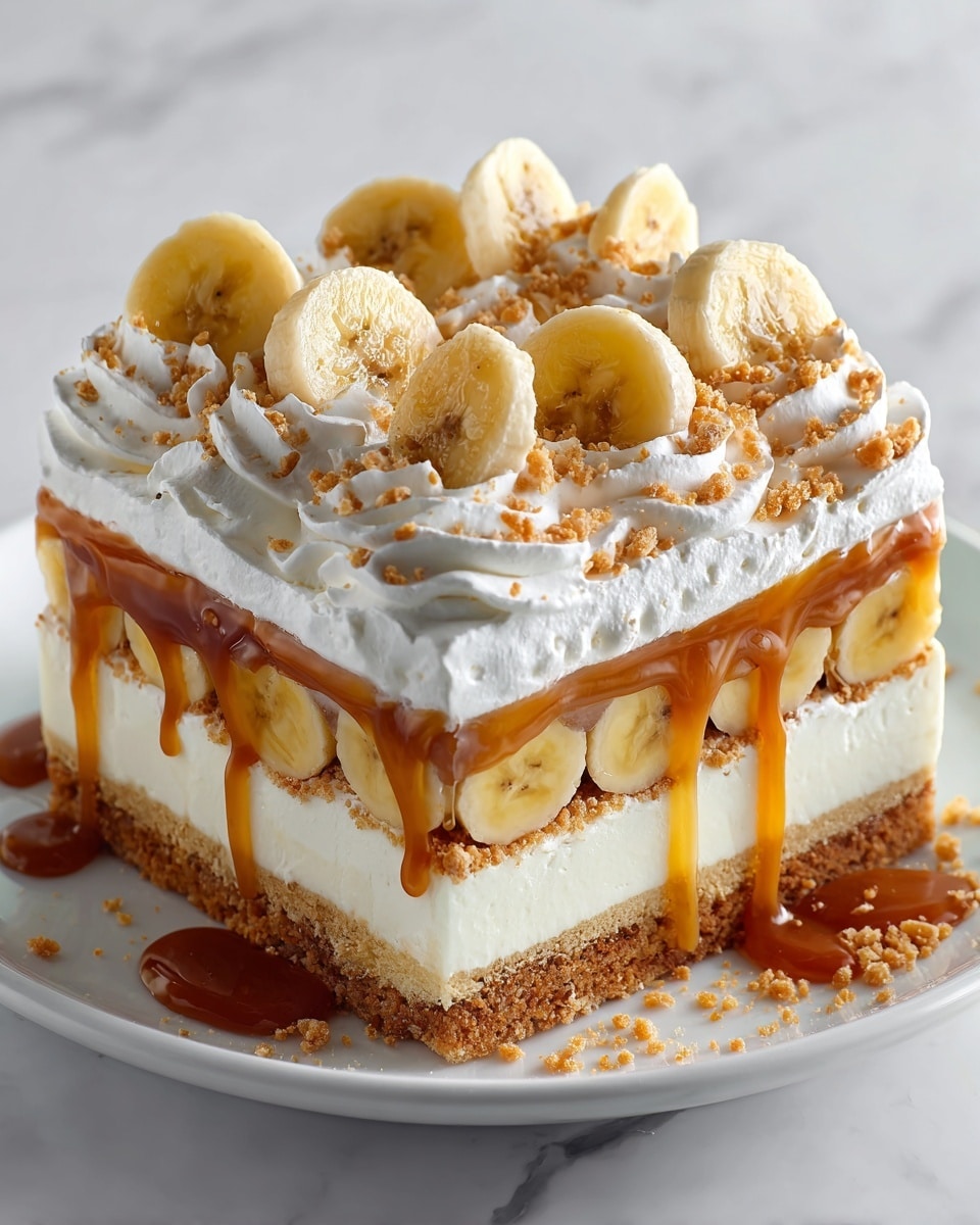 A square slice of layered banana dessert is shown on a white plate. The bottom layer is a soft cookie or biscuit crust with a light brown color. Above it is a thick creamy white layer, followed by banana slices arranged in a single layer. Another layer of creamy white filling covers the bananas. The top layer is decorated with evenly spaced banana slices, dollops of whipped cream around the edges, a sprinkling of crushed nuts or cookie crumbs, and a drizzle of golden caramel sauce running down the sides. The plate rests on a white marbled surface. Photo taken with an iphone --ar 4:5 --v 7