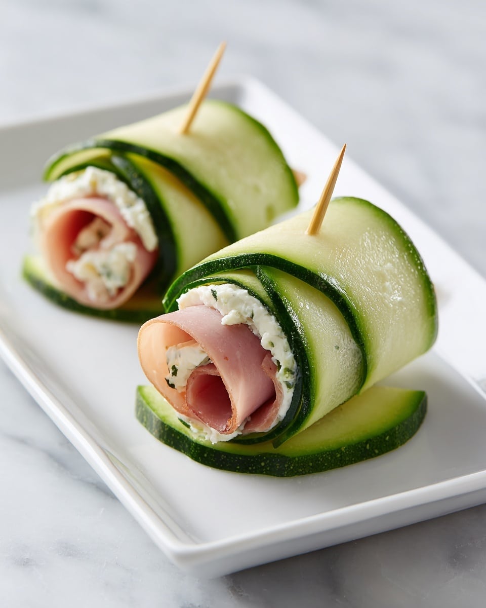 The image shows three rolled cucumber slices, each filled with a light cream cheese layer and a thin slice of ham rolled inside. The cucumber slices are fresh green with a slight shine, tightly wrapped around the creamy filling that looks smooth and white. The ham inside is pale pink and slightly rolled in a spiral shape. Each roll is held together by a wooden toothpick, standing upright on a white plate. The plate rests on a white marbled surface, giving a clean and simple look. photo taken with an iphone --ar 4:5 --v 7