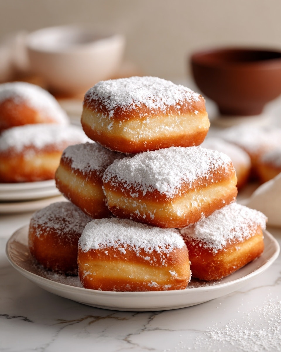 A close-up view shows a small stack of six square-shaped fried dough pieces with a golden brown outside and a soft, slightly bumpy texture. Each piece is dusted generously with white powdered sugar, giving a snowy look on top and sides. The pieces are piled on a white plate with a subtle ridged edge, sitting on a white marbled surface. In the blurred background, there is a white plate with more dough pieces and a brown bowl with a spoon. The overall scene focuses on the warm colors and powdery texture of the dough pieces. photo taken with an iphone --ar 4:5 --v 7