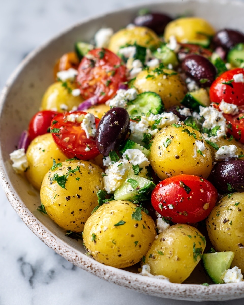 A bowl filled with a colorful salad composed of small yellow potatoes cut in halves, bright red cherry tomatoes, dark purple olives, and green cucumber pieces cut into small chunks. These ingredients are mixed with small white crumbles of feta cheese and sprinkled with finely chopped fresh green herbs and black pepper. The salad has a glossy texture from a light dressing, and the bowl is white against a white marbled surface. photo taken with an iphone --ar 4:5 --v 7