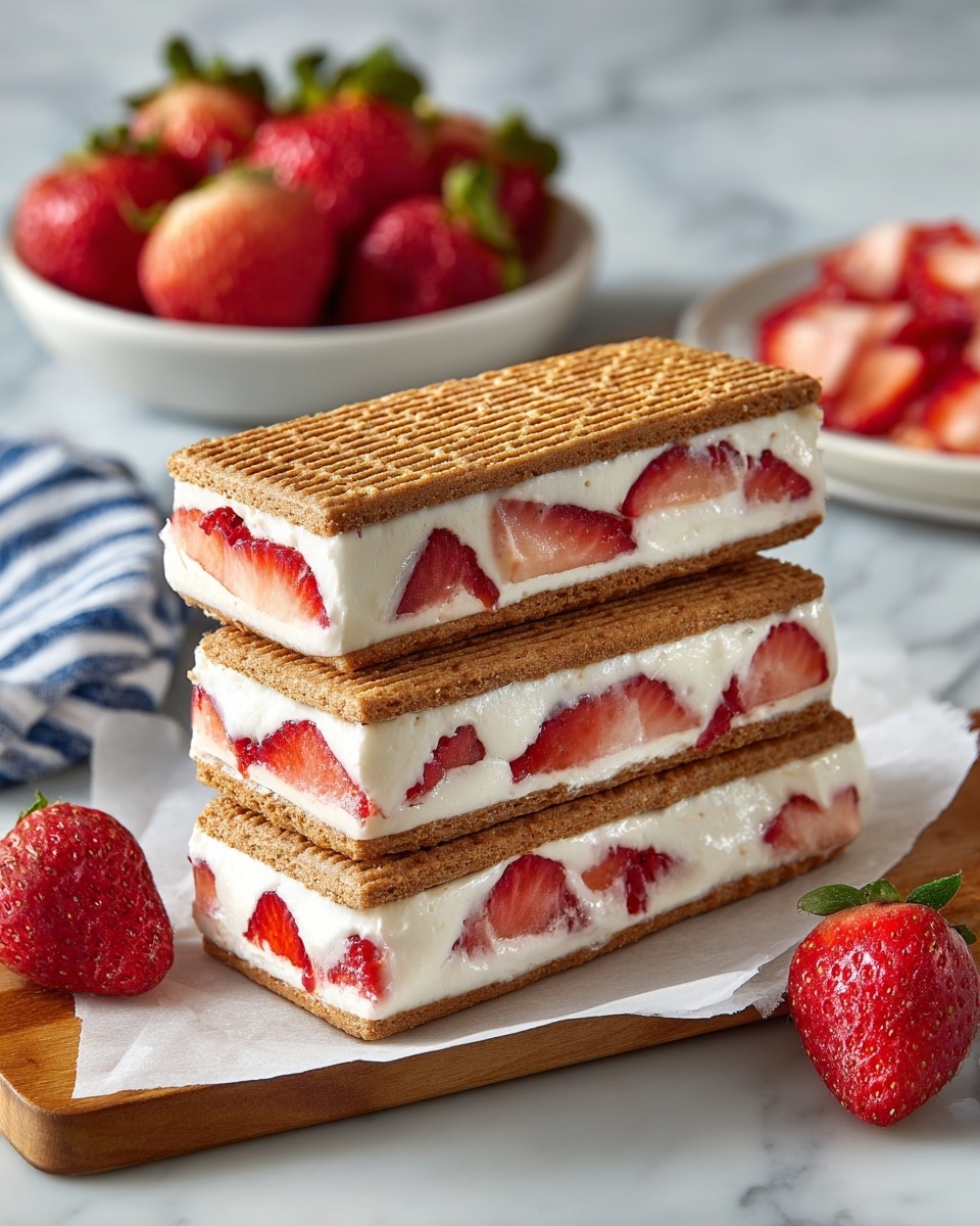 The image shows three rectangular layered desserts stacked on a white parchment paper over a wooden board, each with a bottom and top layer of light brown cookie with a textured pattern. Between the cookie layers, there are thick layers of white creamy filling mixed evenly with slices of bright red strawberries. The slices are jagged and scattered inside the cream. In the background, a white bowl filled with fresh red strawberries sits on a white marbled surface, with sliced strawberries nearby, and a blue and white striped cloth adds a soft texture behind it. photo taken with an iphone --ar 4:5 --v 7