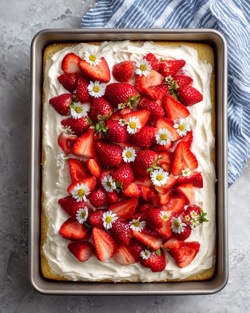 A rectangular golden-brown cake layer forms the base inside a metal baking pan, topped with a thick layer of soft white whipped cream that covers the whole cake except the edges. On top of the whipped cream, there is a generous layer of bright red sliced strawberries arranged evenly, with small white and yellow edible flowers scattered for decoration. The pan is placed on a white marbled textured surface with a folded blue and white striped cloth partially visible at the top edge. photo taken with an iphone --ar 4:5 --v 7