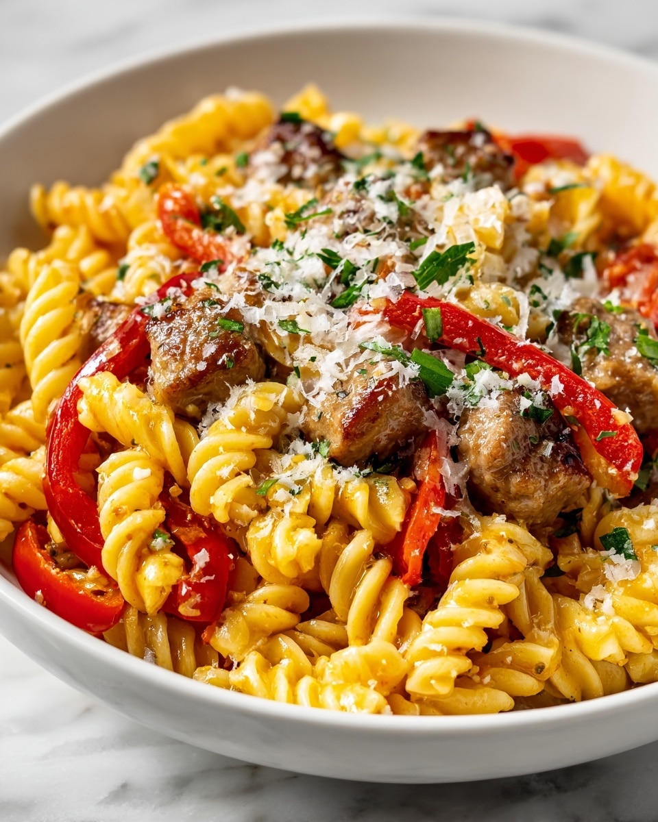 A white bowl filled with creamy, twisted pasta coated in a rich, orange sauce forms the base layer. Mixed throughout are browned sausage slices, adding texture and depth with their slightly crispy surface. Bright red strips of roasted bell pepper are spread evenly, creating a pop of color against the pasta. The dish is topped with finely grated white cheese and garnished with scattered green basil pieces, giving a fresh and vibrant finish. The bowl sits on a white marbled surface. photo taken with an iphone --ar 4:5 --v 7