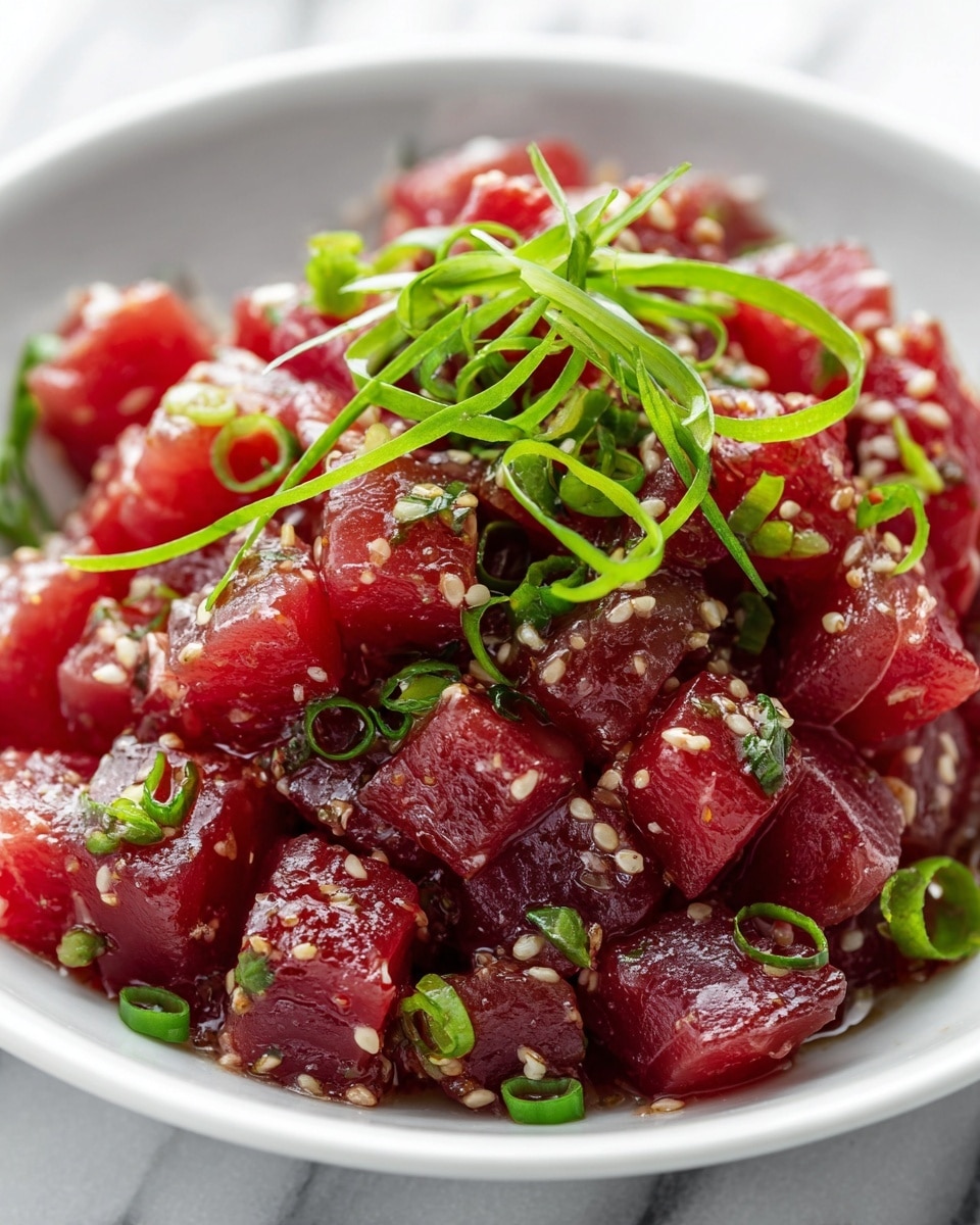 The image shows a close-up of a white plate filled with a bright red dish made of small, cubed pieces of raw fish mixed with a slightly creamy sauce. On top, thin slices of fresh green onions are scattered, adding a pop of green color. The chunks of fish have a glossy texture and look tender, with the sauce giving a slightly smooth and wet appearance. The plate sits on a white marbled surface, and the colors of the dish stand out clearly against the neutral background. Photo taken with an iphone --ar 4:5 --v 7