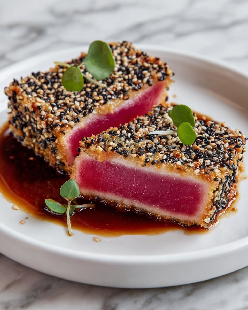 The image shows two thick slices of seared tuna coated in black and white sesame seeds, placed side by side on a plain white plate. The tuna's inside is a deep pinkish-red, showing it is rare and fresh, while the outside is a crispy, toasted brown from the sesame coating. A small green garnish, possibly microgreens, is on top of the tuna adding a fresh contrast. The plate rests on a white marbled surface with a small amount of dark soy sauce pooling beneath the tuna, giving a glossy effect. photo taken with an iphone --ar 4:5 --v 7