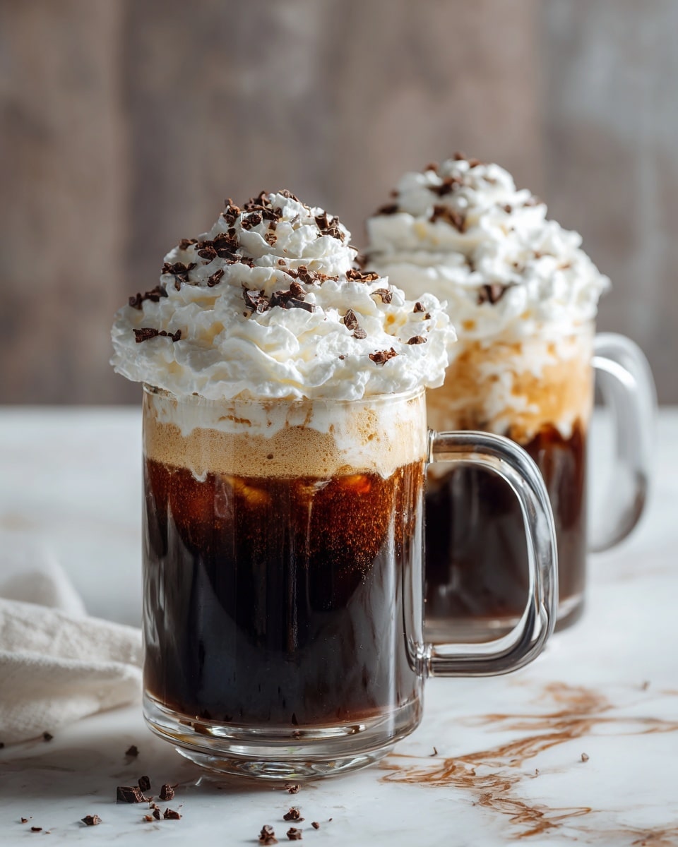 Two clear glass mugs with handles hold dark black coffee as the bottom layer. Above the coffee is a light brown layer of cream or foam, topped with a thick, fluffy swirl of bright white whipped cream. The whipped cream is sprinkled with small dark brown chocolate shavings. The mugs sit on a white marbled surface with soft focus utensils in the background, and the lighting highlights the glossy textures of the drink and cream. photo taken with an iphone --ar 4:5 --v 7