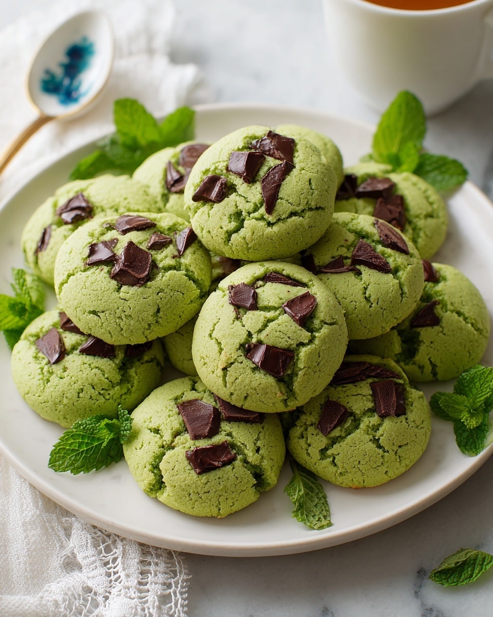 A white plate filled with soft, round, bright green cookies that have a slightly cracked texture on top, each studded with chunky brown chocolate pieces spread evenly across the surface. The cookies are piled up closely together, showing a soft and thick consistency with some creamy chocolate partially melted into the dough. Fresh green mint leaves are placed around the cookies, adding a fresh contrast. The plate sits on a white marbled surface with a partial view of a white lace cloth and a white spoon with blue decoration near the bottom edge. photo taken with an iphone --ar 4:5 --v 7