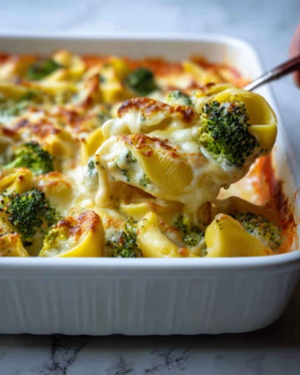 A white dish filled with a baked cheesy pasta casserole layered with green broccoli florets scattered evenly throughout. The pasta is yellowish with a smooth, melted cheese layer covering it, bubbling and slightly browned on top. There are bits of browned crispy edges visible in some parts. A woman's hand is scooping out a portion, lifting the pasta and broccoli mix, showing soft melted cheese stretching from the dish. The background surface is white marbled texture. photo taken with an iphone --ar 4:5 --v 7