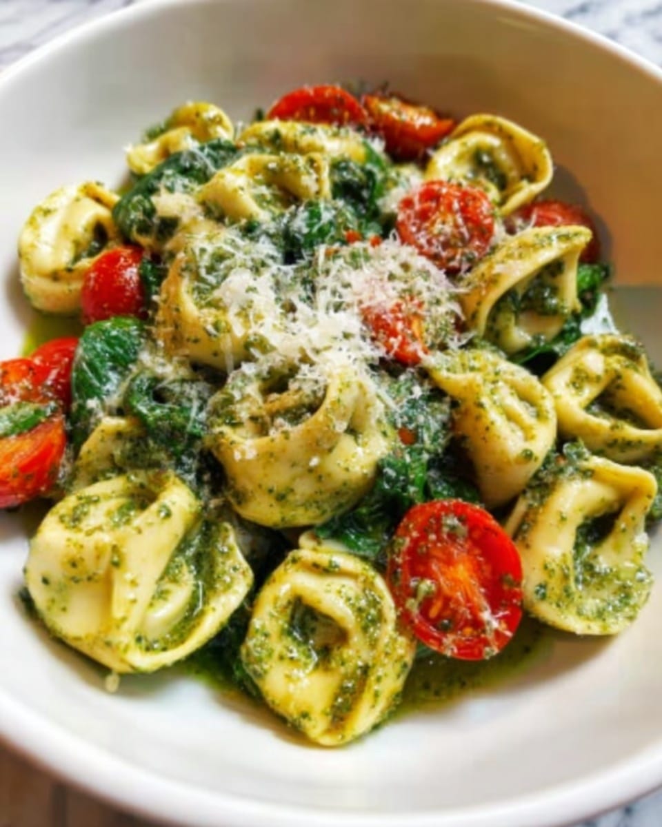 A white bowl holds a serving of tortellini pasta with a creamy green sauce, topped with fresh spinach leaves and small roasted cherry tomatoes. The tortellini are golden yellow with visible herb specks and arranged in one layer, while the green sauce with a smooth texture covers the base of the bowl. On top, shredded cheese is sprinkled evenly, adding a light white layer. The cherry tomatoes add a bright red contrast on one side of the bowl. The background features a white marbled texture. Photo taken with an iphone --ar 4:5 --v 7