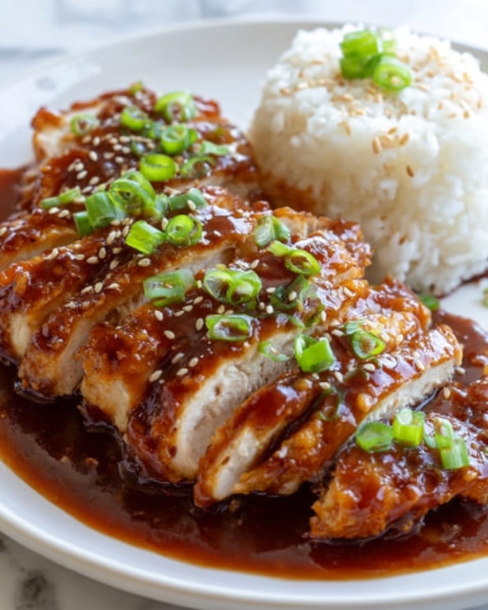 The image shows sliced cooked chicken with a shiny reddish-brown sauce on top, arranged neatly in one layer on a white plate. The chicken pieces look crispy on the outside with some soft inside showing. The sauce is thick and glossy, covering the chicken well, and sprinkled with small white sesame seeds and bright green chopped scallions. In the background, there is a small mound of white rice with chopped green onions on top, placed on the same white plate. The surface beneath the plate is a white marble texture. Photo taken with an iphone --ar 4:5 --v 7