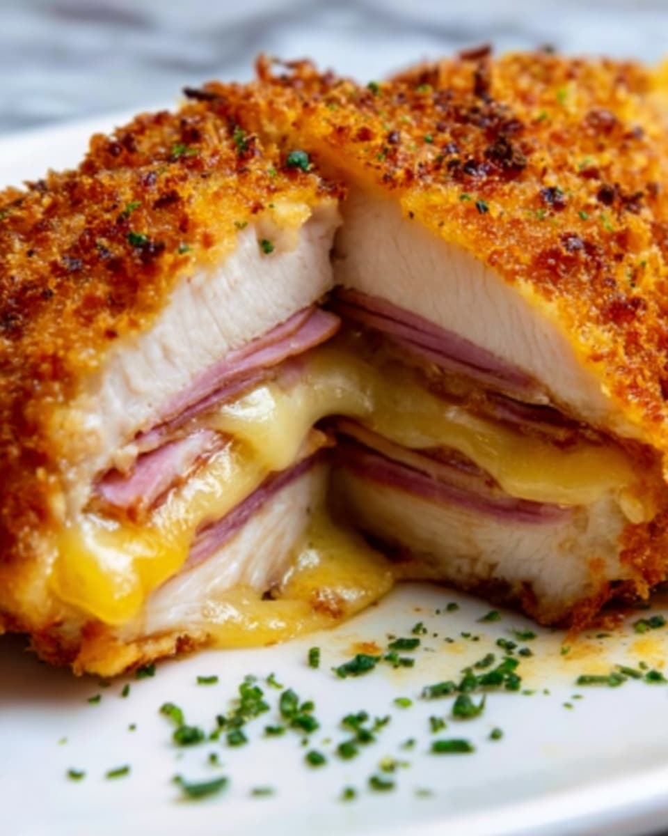 The image shows a close-up of a breaded chicken cutlet that is sliced open to reveal multiple layers inside. The outer layer is golden brown and crispy with a rough texture, covering a smooth, white chicken breast layer beneath. Inside, there are thin slices of pink ham layered above and below melted yellow cheese that looks gooey and creamy. Small green herbs are sprinkled on top and around the dish on a white plate, placed on a white marbled surface. Photo taken with an iphone --ar 4:5 --v 7